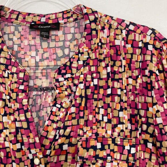 Cocomo Large Multi Color Split Neck Rolled Sleeve Pintuck Popover Blouse Office - Picture 7 of 10